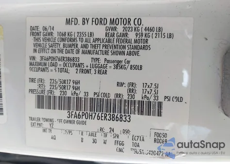 2014 Ford Fusion Se z USA, uszkodzony, nr VIN 3FA6P0H76ER386833